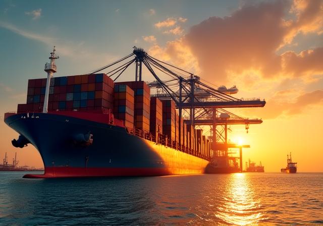 Contenedores de carga y logística internacional en puerto de mercancías